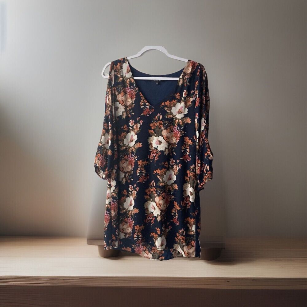 LULU'S blue multicolor floral long slit sleeve Shifting Dears mini dress S